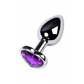 Серебристая коническая анальная пробка с фиолетовым кристаллом-сердечком - 7 см. - ToyFa - купить с доставкой в Элисте