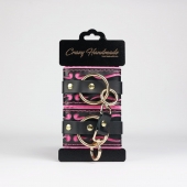 Черные кожаные наручники с розовой строчкой - Crazy Handmade - купить с доставкой в Элисте