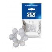Прозрачное эластичное эрекционное кольцо с 6 шариками - Sex Expert - в Элисте купить с доставкой