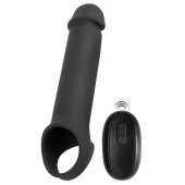 Черная вибронасадка для пениса с хомутом для мошонки и пультом ДУ Remote Controlled Penis Extension - Orion - в Элисте купить с доставкой