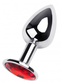 Маленькая коническая серебристая анальная пробка с красным кристаллом - 7 см. - ToyFa - купить с доставкой в Элисте