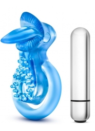 Голубое эрекционное виброкольцо 10 Function Vibrating Tongue Ring - Blush Novelties - в Элисте купить с доставкой