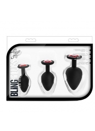 Набор черных анальных пробок с красным кристаллом-сердечком Bling Plugs Training Kit - Blush Novelties - купить с доставкой в Элисте