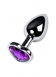 Серебристая коническая анальная пробка с фиолетовым кристаллом-сердечком - 7 см. - ToyFa - купить с доставкой в Элисте