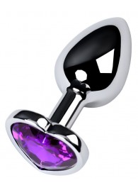Серебристая коническая анальная пробка с фиолетовым кристаллом-сердечком - 7 см. - ToyFa - купить с доставкой в Элисте
