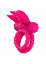 Розовое эрекционное виброкольцо Silicone Rechargeable Dual Butterfly Ring - California Exotic Novelties - в Элисте купить с доставкой