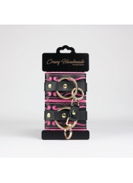 Черные кожаные наручники с розовой строчкой - Crazy Handmade - купить с доставкой в Элисте