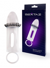 Закрытая насадка на пенис с подхватом мошонки и стимулирующими «ресничками» - Sextaz - в Элисте купить с доставкой