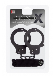 Чёрные наручники из листового металла в комплекте с веревкой BONDX METAL CUFFS LOVE ROPE SET - Dream Toys - купить с доставкой в Элисте