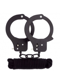 Чёрные наручники из листового металла в комплекте с веревкой BONDX METAL CUFFS LOVE ROPE SET - Dream Toys - купить с доставкой в Элисте