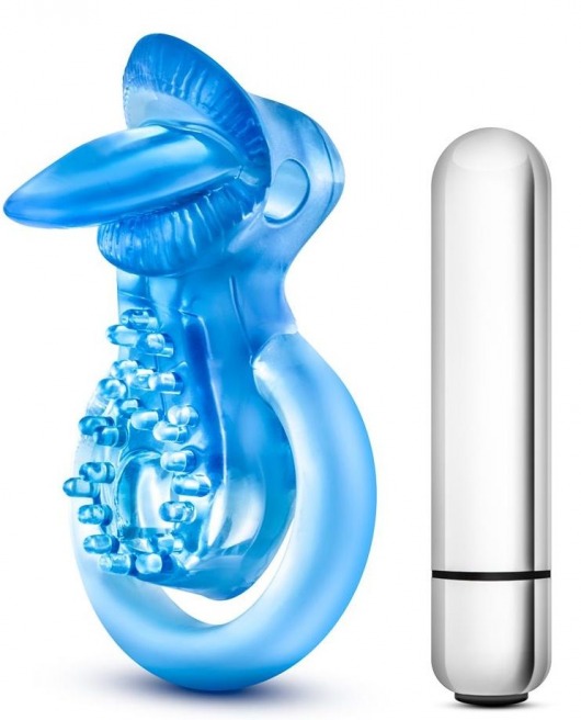 Голубое эрекционное виброкольцо 10 Function Vibrating Tongue Ring - Blush Novelties - в Элисте купить с доставкой