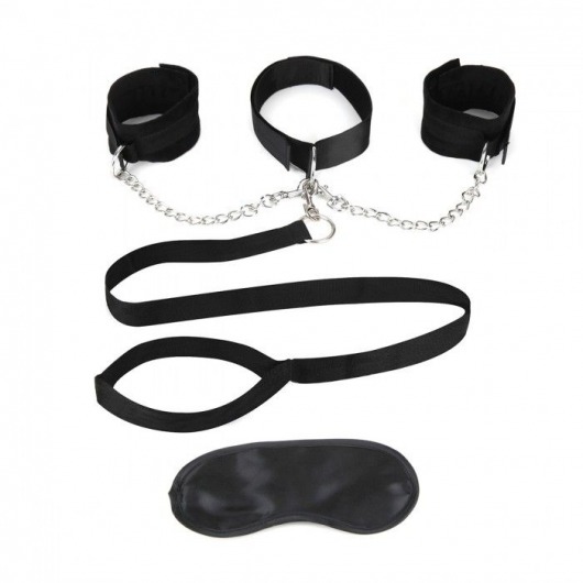 Чёрный ошейник с наручниками и поводком Collar Cuffs   Leash Set - Lux Fetish - купить с доставкой в Элисте