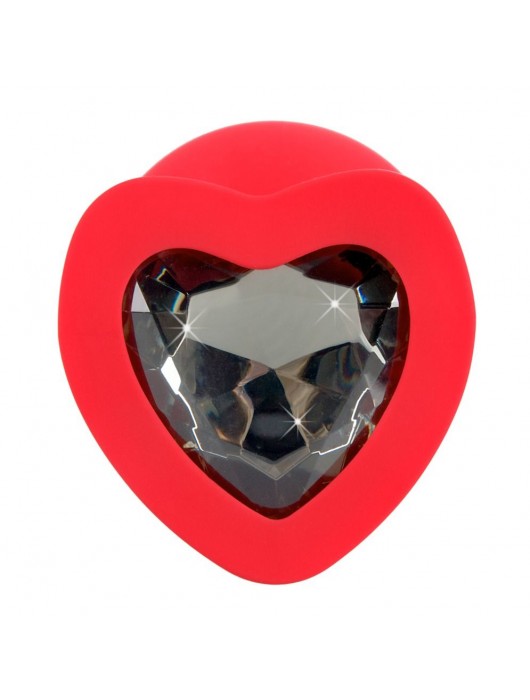 Красная силиконовая анальная пробка с черным стразом-сердечком - 9,3 см. - Orion - купить с доставкой в Элисте