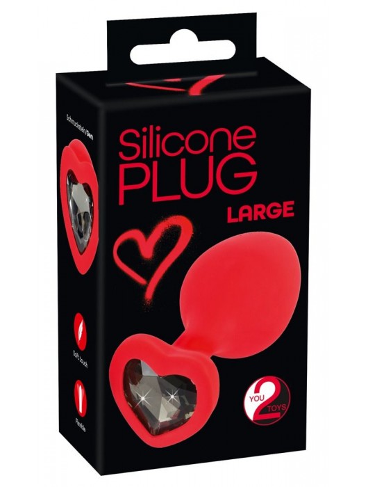 Красная силиконовая анальная пробка с черным стразом-сердечком - 9,3 см. - Orion - купить с доставкой в Элисте