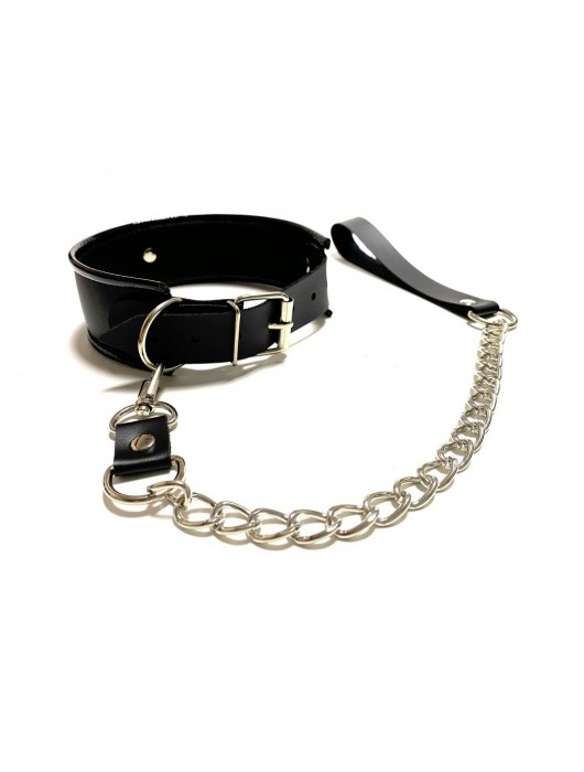 Черный ошейник с поводком из эко-кожи - БДСМ Арсенал - купить с доставкой в Элисте