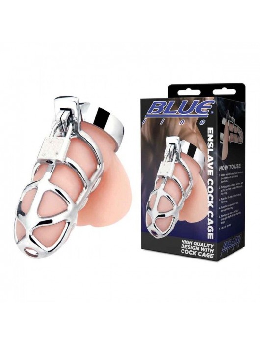 Серебристая металлическая клетка для члена с замком Enslave Cock Cage - BlueLine - купить с доставкой в Элисте