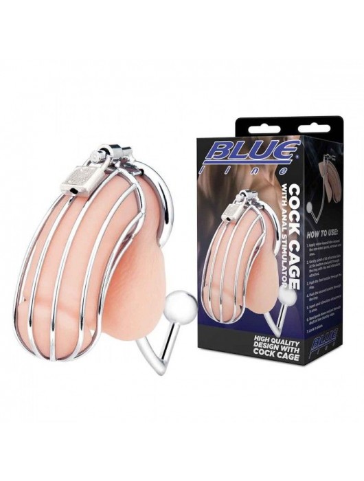 Серебристая металлическая клетка с анальным стимулятором Cock Cage - BlueLine - купить с доставкой в Элисте