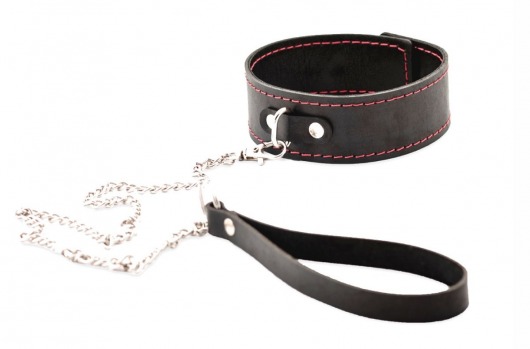 Черный широкий ошейник с красной строчкой и поводком - Crazy Handmade - купить с доставкой в Элисте
