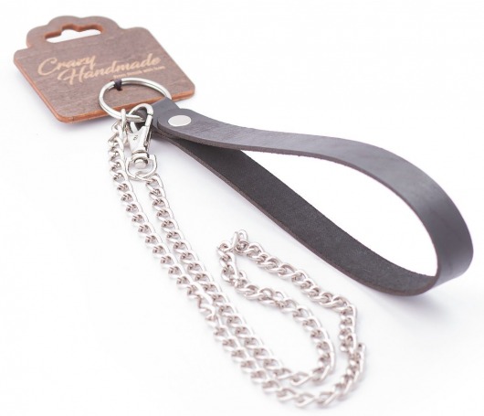 Серебристый металлический поводок с кожаной черной ручкой - 80 см. - Crazy Handmade - купить с доставкой в Элисте