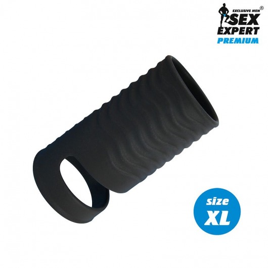 Черная открытая насадка на пенис с кольцом для мошонки XL-size - 8,9 см. - Sex Expert - в Элисте купить с доставкой