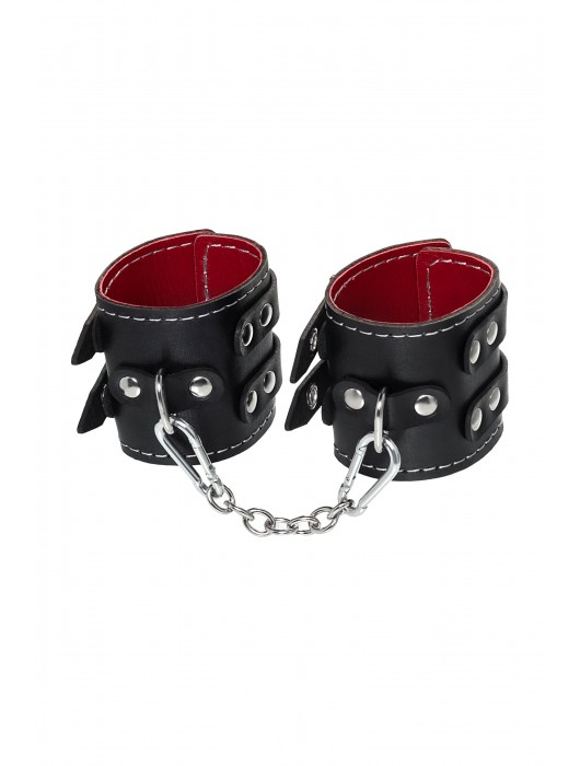 Черные кожаные наручники с двумя ремнями и красной подкладкой - Pecado - купить с доставкой в Элисте
