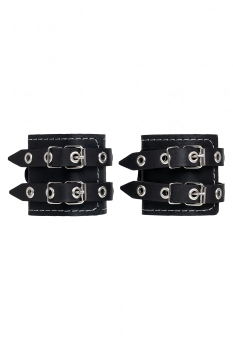 Черные кожаные наручники с двумя ремнями и красной подкладкой - Pecado - купить с доставкой в Элисте