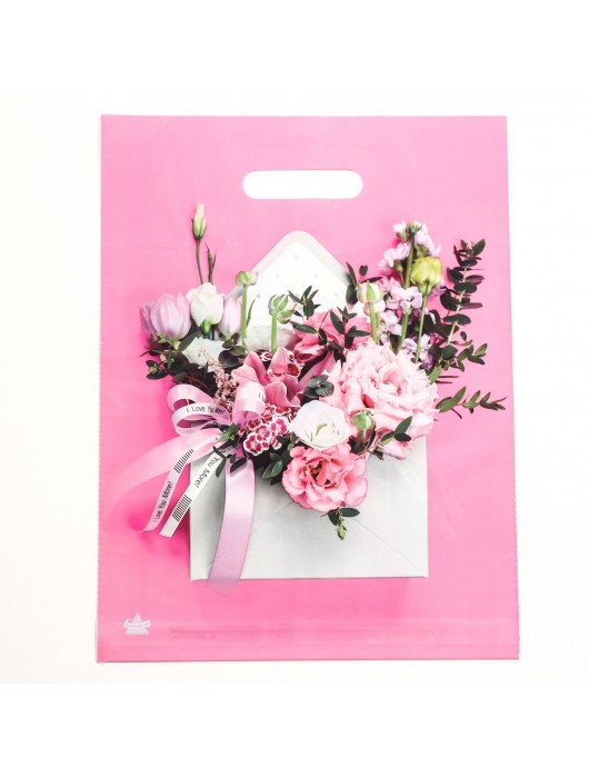 Розовый пакет с цветочным принтом и вырубной ручкой (40х31 см) - Сима-Ленд - купить с доставкой в Элисте