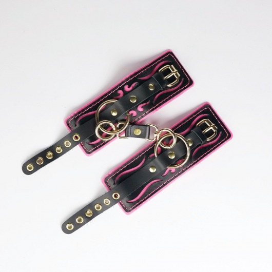 Черные кожаные наручники с розовой строчкой - Crazy Handmade - купить с доставкой в Элисте
