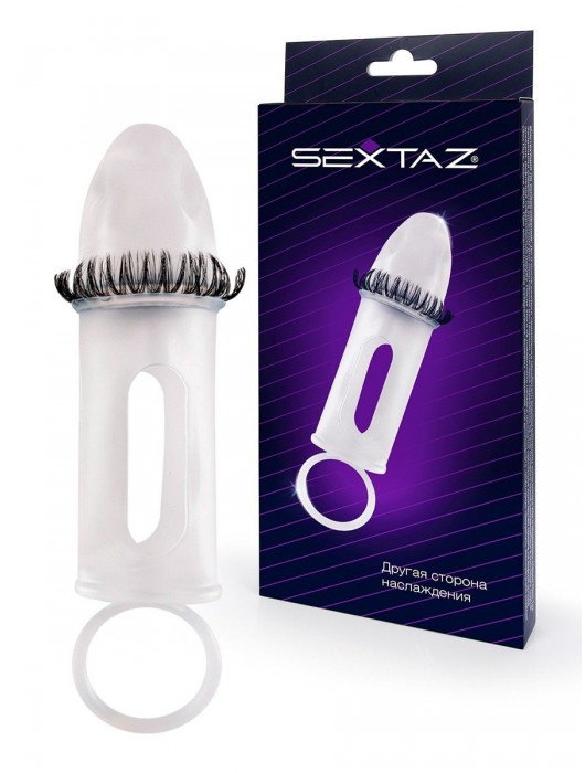 Закрытая насадка на пенис с подхватом мошонки и стимулирующими «ресничками» - Sextaz - в Элисте купить с доставкой