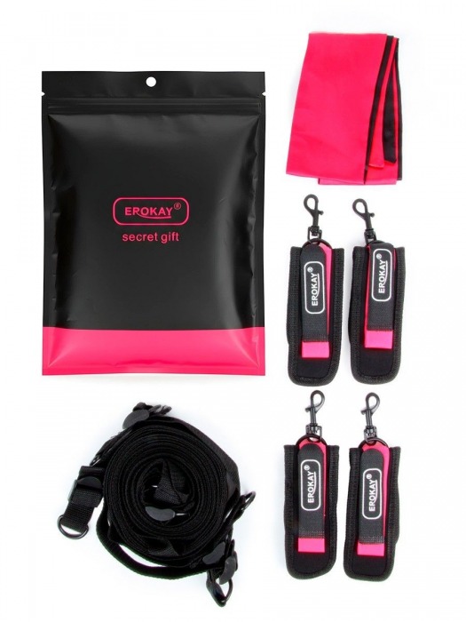 Черно-розовый эротический набор: фиксатор, оковы, наручники, повязка - Erokay - купить с доставкой в Элисте